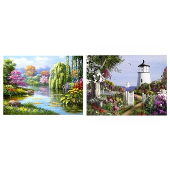 

2 set 5D Diy Diamond Painting Home Decor Embroidery - Willow tree Square Diamond & Garden Lighthouse Round diamond