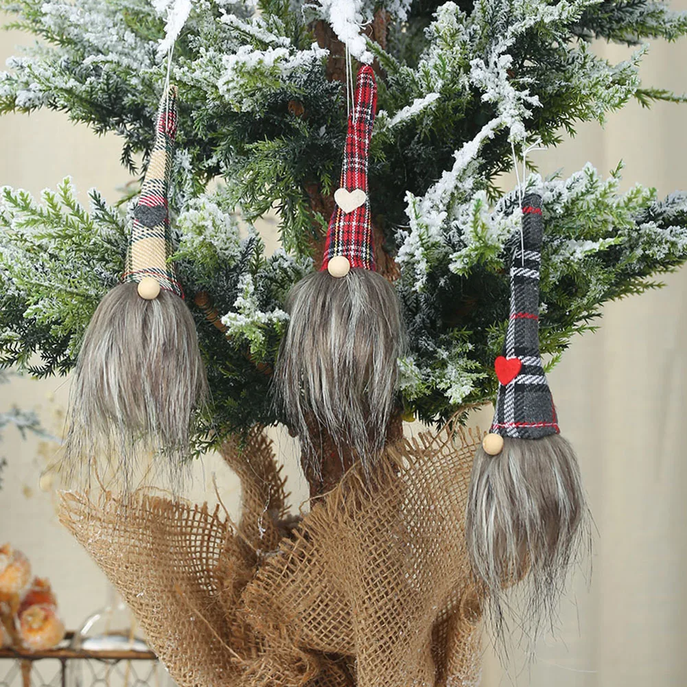 Рождественская длинная шляпа кукла гном подвеска дверь стена Дерево домашние вечерние украшения Рождественский кулон длинная шляпа в клетку серый хаки красный