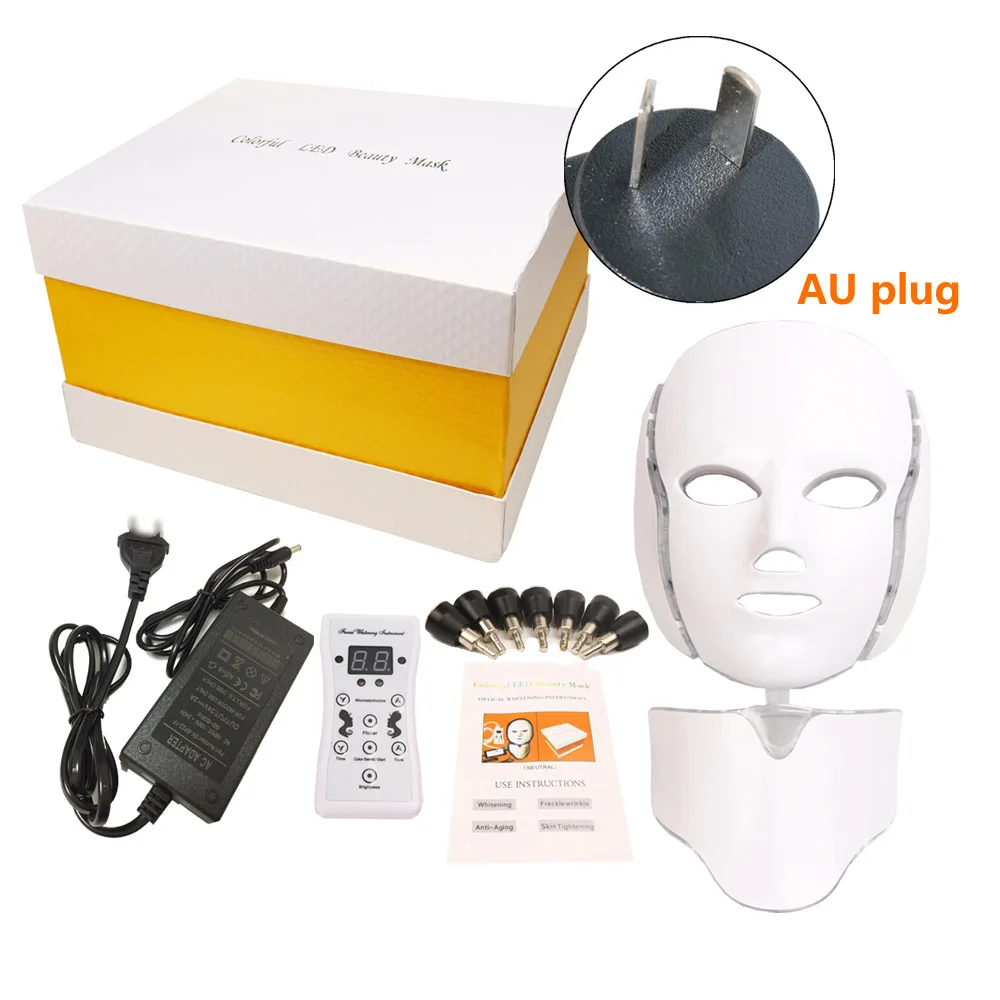 Светодиодный, 7 цветов, маска для лица, светодиодный, Корейская терапевтическая маска, инструменты для красоты и ухода за кожей, маска для лечения лица - Цвет: AU Plug With Box