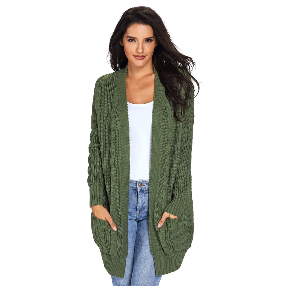 

Lugentolo Women Sweater Autumn and Winter New Cardigan Long Sleeve Pocket Solid Color Knit Pattern Plus Size S-2XL