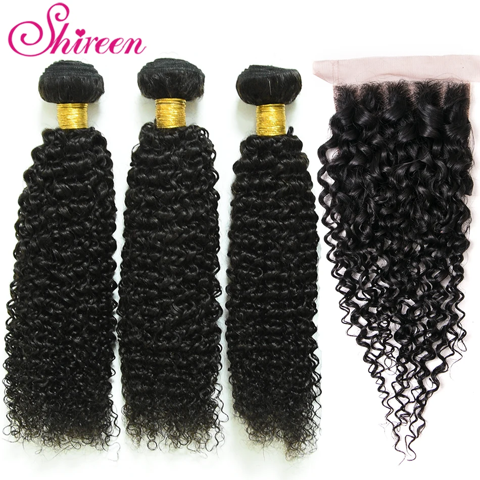 

Shireen Remy Peruvian Kinky Curly With Closure 3 Bundles Human Hair Weave 4*4 Lace Closure Natural Color For Hair Extensions