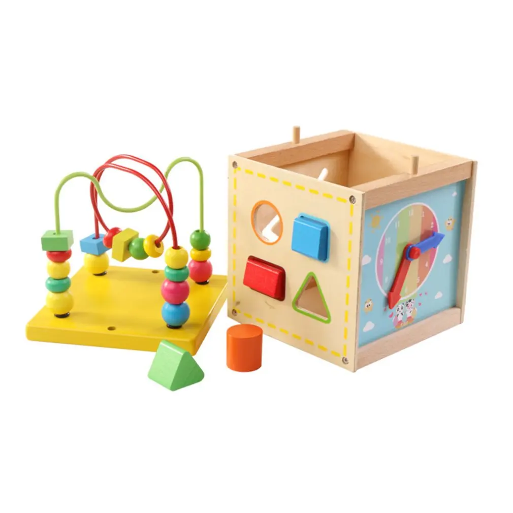 Wooden Children's Educational Toys Multi-function Round Bead Treasure Box Baby Clock Shape Cognitive Fun Toys