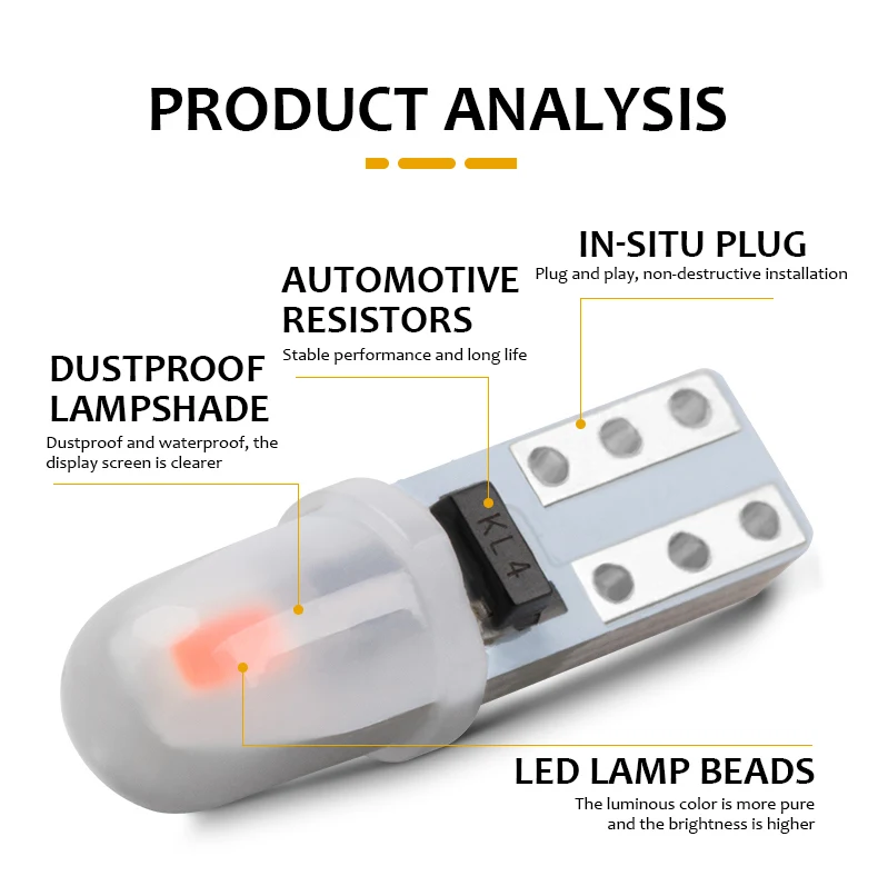 10Pcs T5 W3W W1.2W LED Auto Car Dashboard Light 3014 2-SMD Reading Instrument Panel Lamp No Polarity Bulb White Amber 12V DC