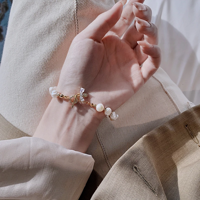 Bracelet Jewelry For Woman Luxury Zircon Bee Pendant Baroque Natural Pearl String