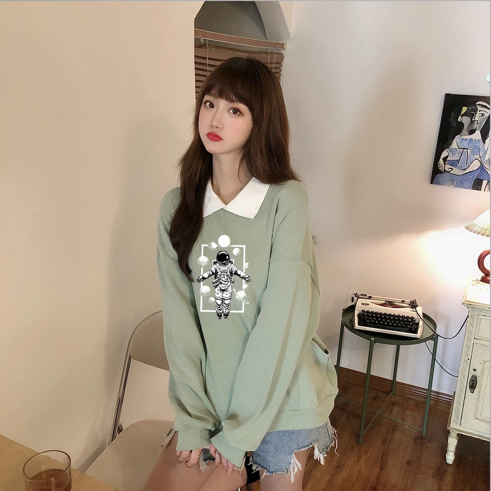 

Harajuku Hoodies Loose Women Kpop Clothes Fashion Pullover Cute Turn-down Collar Sweatshirt Autumn Vintage Print Streetwear