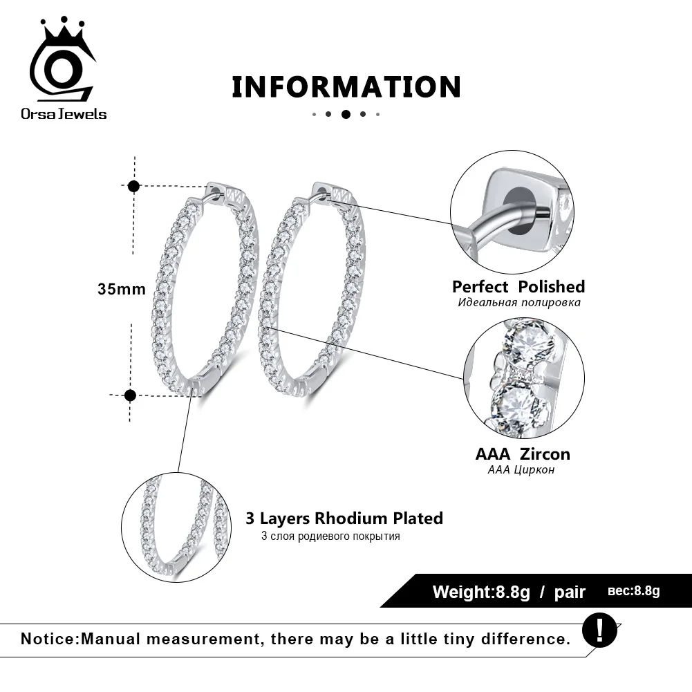 ORSA JEWELS 35mm Big Size Women Hoop Earrings Full Zircon 35 MM Circle Earrings Trendy Delicate Lady Luxury Party Jewelry OE137