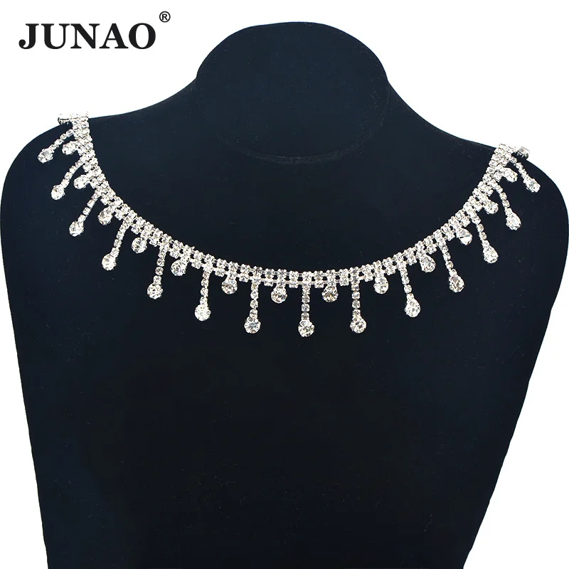22mm Fringe JUNAO 45 см блестящие прозрачные серебряные стразы, цепочка для чашки, стеклянная кристальная бахрома, декоративная металлическая лента, аппликация из страз для одежды - Цвет: 22mm Fringe