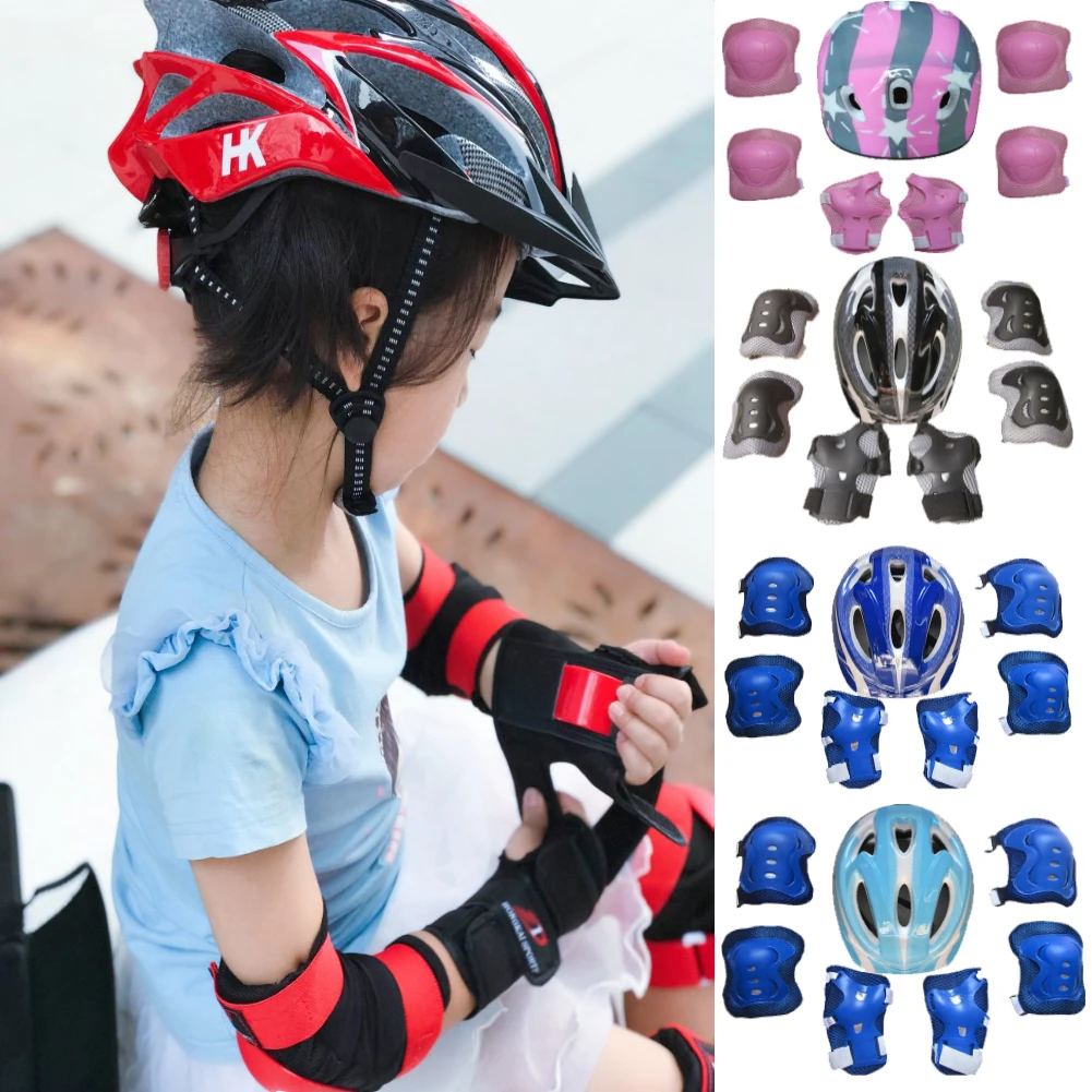 Kids Boys and Girls Protective Gear Set Outdoor Sports Safety Equipment 7Pcs Child Helmet Knee &Elbow Pads Wrist Guards for Roller Scooter Skateboard Bicycle 