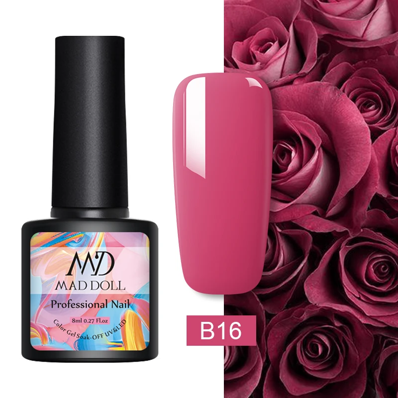 B16 MAD DOLL, 8 мл, 60 цветов, Гель-лак для ногтей, чистый цвет ногтей, Гель-лак для ногтей, отмачиваемый, УФ Гель-лак, Базовое покрытие, не протирается, верхнее покрытие - Цвет: B16