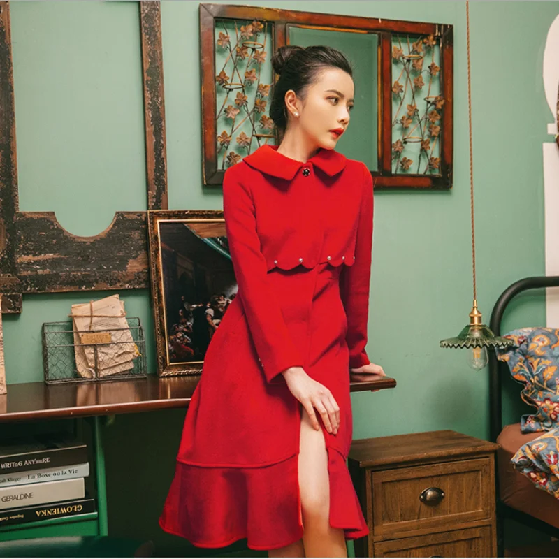 Winter Red Woolen Coat Vintage Chinese Style Slim Doll collar Women Wool Overcoat New Rivet Stitching False Two Piece Outerwear