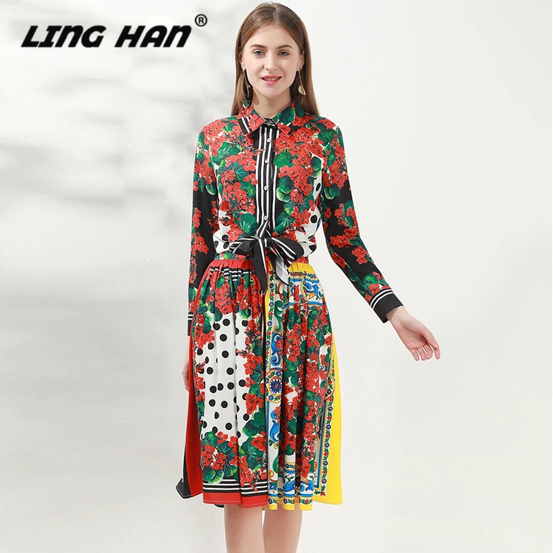 Многоцветный LINGHAN, элегантный комплект с принтом, модная рубашка с длинными рукавами и бантом, топ+ большая свободная юбка с высокой талией, дизайнерский комплект из двух предметов, весна-лето, новинка - Цвет: Многоцветный