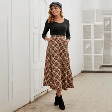 JYSS, Зимние Модные клетчатые юбки, женские, на молнии, украшение в скандинавском стиле, коричневые, теплые, длинные, плиссированные юбки, для девушек и девушек, FR021
