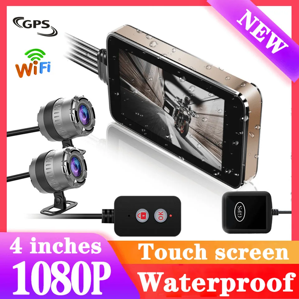 

HD 1080P WiFi GPS Motorcycle DVR Camera Waterproof 4 Inch IPS Touch Screen Dashcam Front Rear Dual Lens Video Recorder Dash Cam