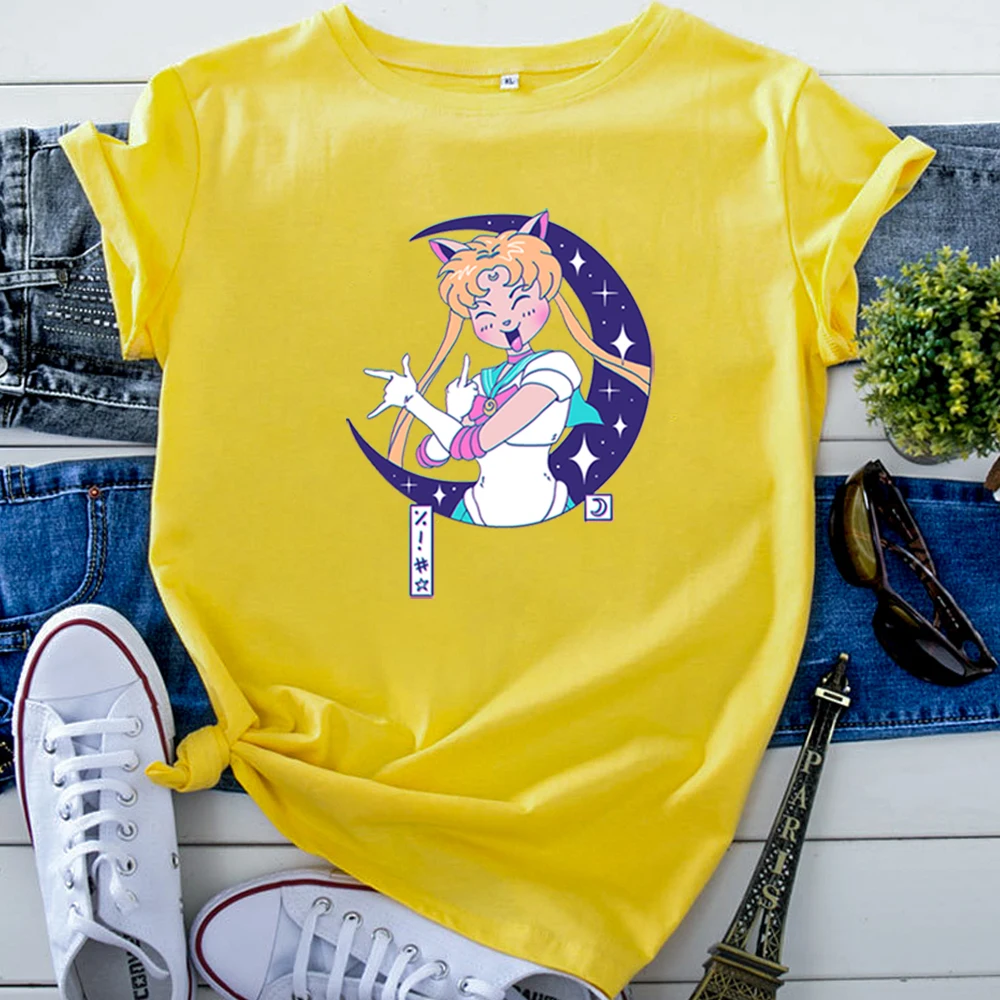 Funny Sailor Moon Women T-Shirt Costume Super Cute Girly Woman T Shirt Kawaii Vintage Tshirts Womens Gothic Crewneck Tee Tops