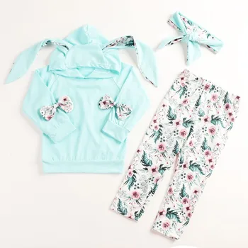 

Autumn Children Girl Set Casual Long Sleeve Rabbit Ear Design Hoodie Sweatshirt Tops+Floral Pants+Headband Set 3-24M