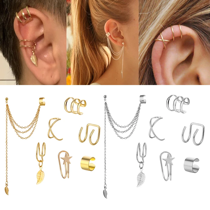 7 Uds. De Pendientes de Metal para mujer, joyería con personalidad, Clip para oreja, Pendientes de borlas de hojas, regalo