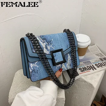 

Luxury Serpentine Square Buckle Shoulder Bag European and American Women Fashion Chain Messenger Bag Lady Snake Pattern Handbags