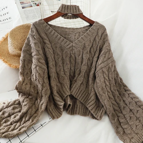 Женские короткие пуловеры с v-образным вырезом, новинка, Осень-зима, элегантные женские топы 13454 - Цвет: Apricot