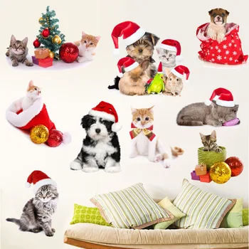 

Simulation Cat Dog Christmas Glass Wall Stickers Cartoon Kitten Christmas Window Exterior Wall Decoration Creative Mural