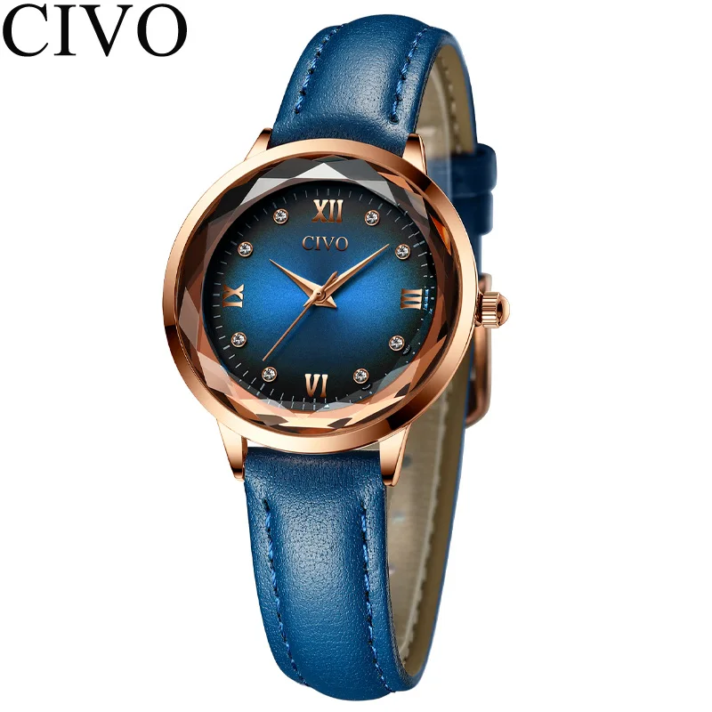 leather blue CIVO Роскошные брендовые синие наручные часы женские часы кожаный ремешок женские кварцевые часы Relogio Feminino Montre Femme - Цвет: leather blue