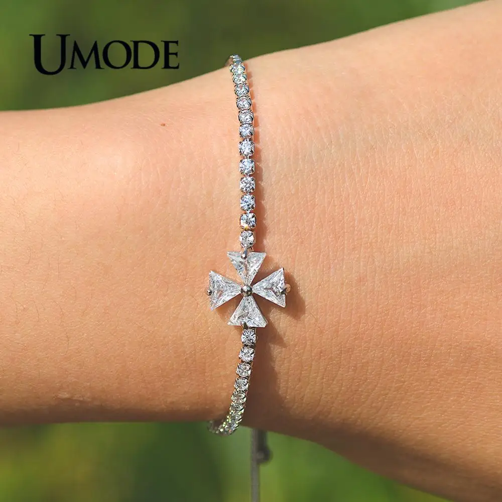 UMODE, новая мода, большой цирконовый крест, регулируемые браслеты для женщин, белое золото, треугольник, проложенный фианитом, коробка, цепь, ювелирное изделие, AUB0220