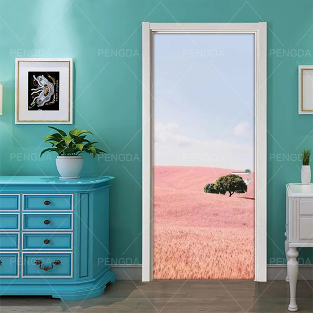 Wall Art Decal On Door New Sticker 3D Self Adhesive Tree Landscape Renovation DIY Wallpaper Prints Picture For Home Door Decor