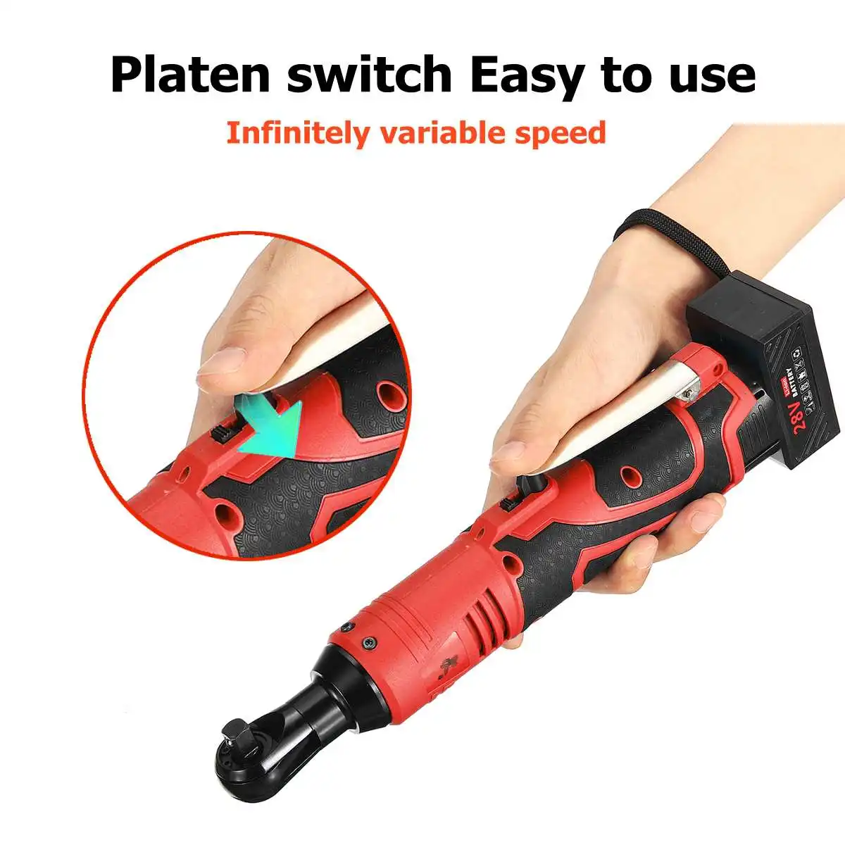 28V Электрическая аккумуляторная 3/8 ''60N. m Перезаряжаемые Ratchet 90 ° под прямым углом для шлица «звездочка» Набор торцевых гаечных ключей Портативный электрический ключ, дюймовый стандарт