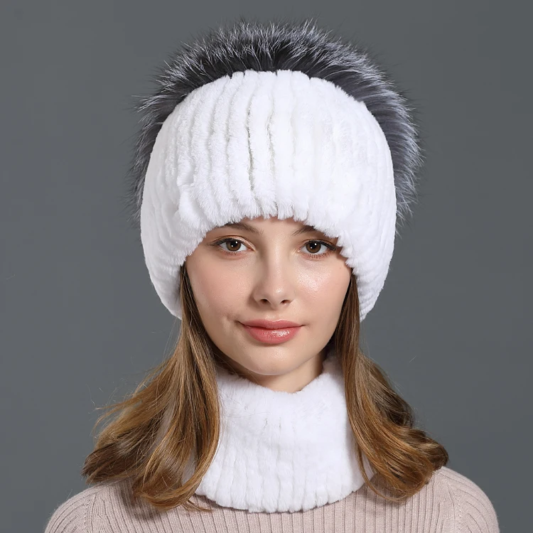 White Настоящий мех кролика, шапка и шарф, набор для женщин, новинка, кольцо на шею, головной убор, шапки, Роскошный натуральный Лисий мех, зимний шарф и шапки - Цвет: White