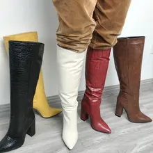 Дизайнерские зимние сапоги; женские сапоги до колена; обувь на высоком каблуке с острым носком; женские ковбойские сапоги; цвет коричневый, бежевый, черный, красный; коллекция года; сезон осень