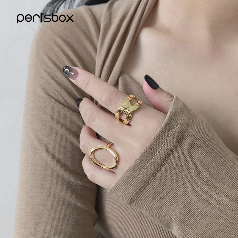 

Peri'sBox Unisex 925 Sterling Silver X Shape Bold Open Ring Gold Twisted Wide Rings Geometric Interlaced Ring Adjustable 2019