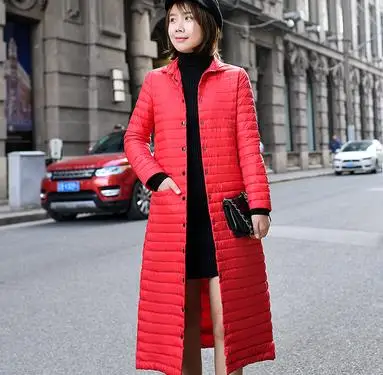 Sanishroly осень зима женские длинные пальто ультра легкое пуховое пальто парка женский воротник-стойка белый пуховик плюс размер SE722 - Цвет: Красный