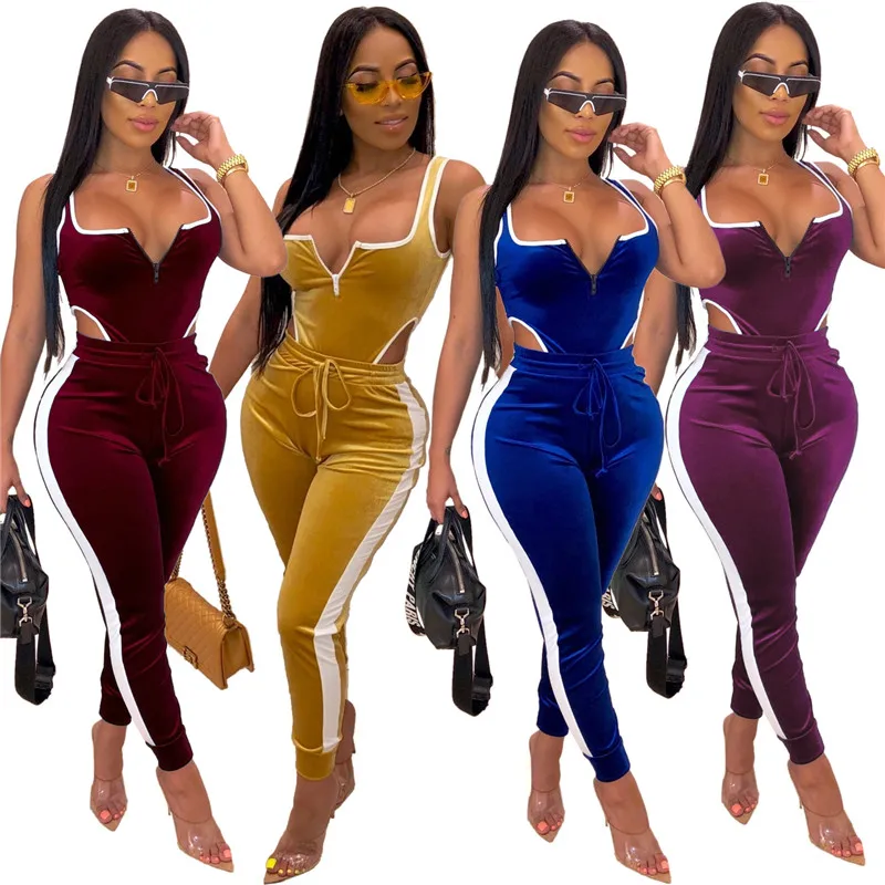

Women Velvet Jumpsuits Side Strip Sash Lace Up Sexy Bodycon Square Collar Sleeveless Zip Hollow Out Long Pencil Pants Streetwear