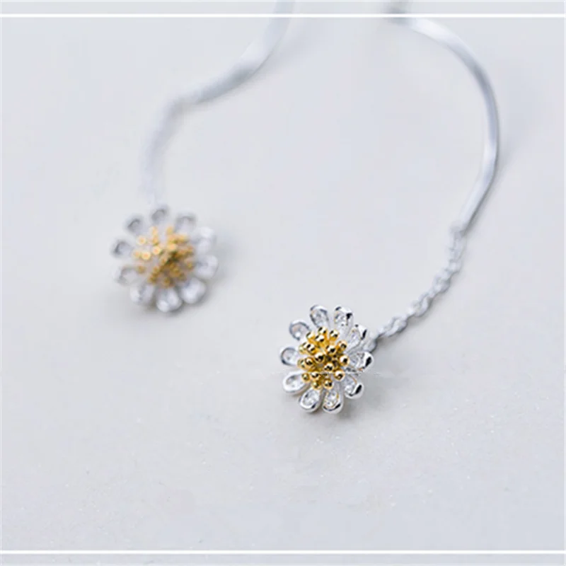 WANTME Genuine 100% 925 Sterling Silver Korean Cute Small Daisy Long Dangle Drop Earrings for Women Party Jewelry Gift Wholesale
