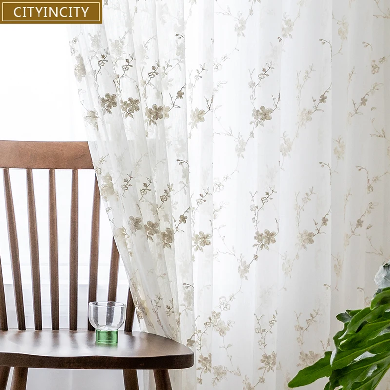 CITYINCITY Embroidered Curtains for bedroom Voile American  White Tulle Soft curtain for Living room  sheer Customized