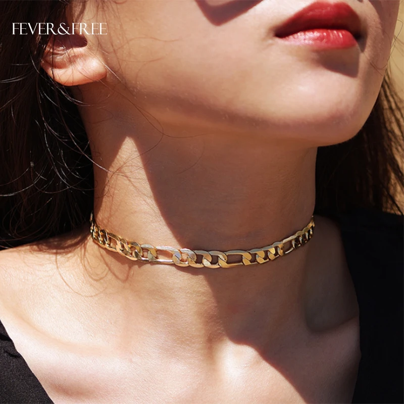 

Fever&Free Filled Solid Choker Necklace Cuban Link Chain Gold/Silver/Rose Gold Copper Sexy Necklace Statement Necklace Jewelry