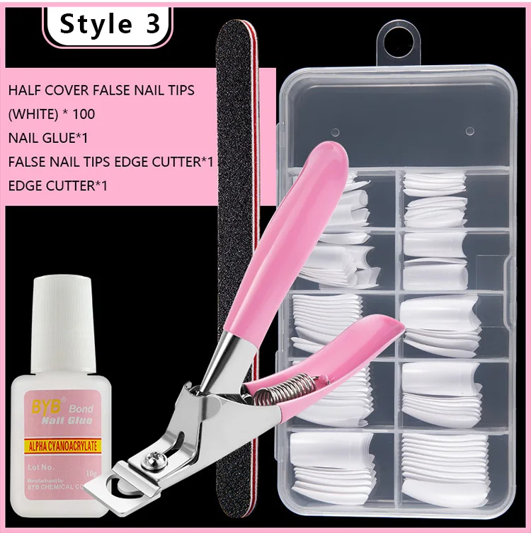 100 шт натуральные/прозрачные/ белые половинные покрытия, акриловые французские для ногтей+ клей пилка резак фрезы для маникюра маникюрные набор инструментов Полировочная маникюр дизайн ногтей наборы