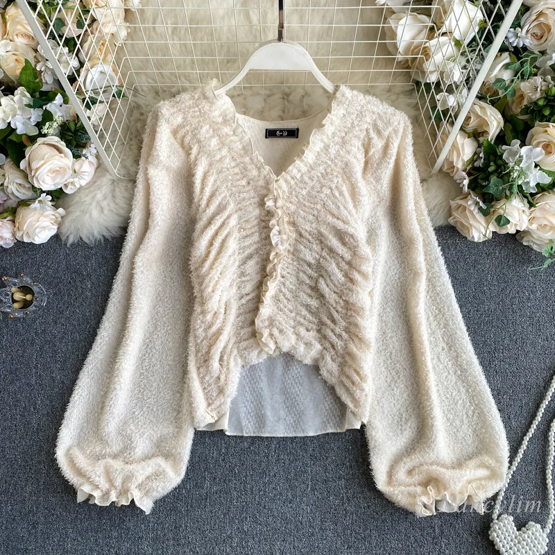 Soft Blouse for Women Autumn New Pleated Slim Fit V Neck Puff Sleeve Shirt Female Cropped Blusas Tops New