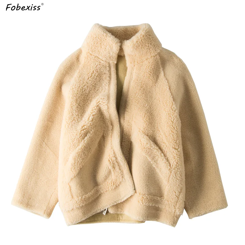 

Elegant Beige Wool Coat Women Winter 2019 100% Woolen and Suede Overcoat Office Lady Long Sleeve Zippers Up Pockets Outerwear