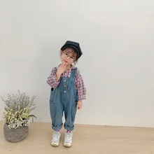 A mu hou ковбойские подтяжки брюки Южная Корея Осень Новые продукты для маленьких девочек цветные кнопки повседневные ковбойские подтяжки брюки