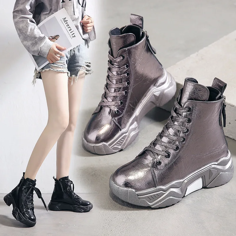 

W- Personality trend fashion brand designer solid color lace up autumn new wear women's shoes England thick-soled booties
