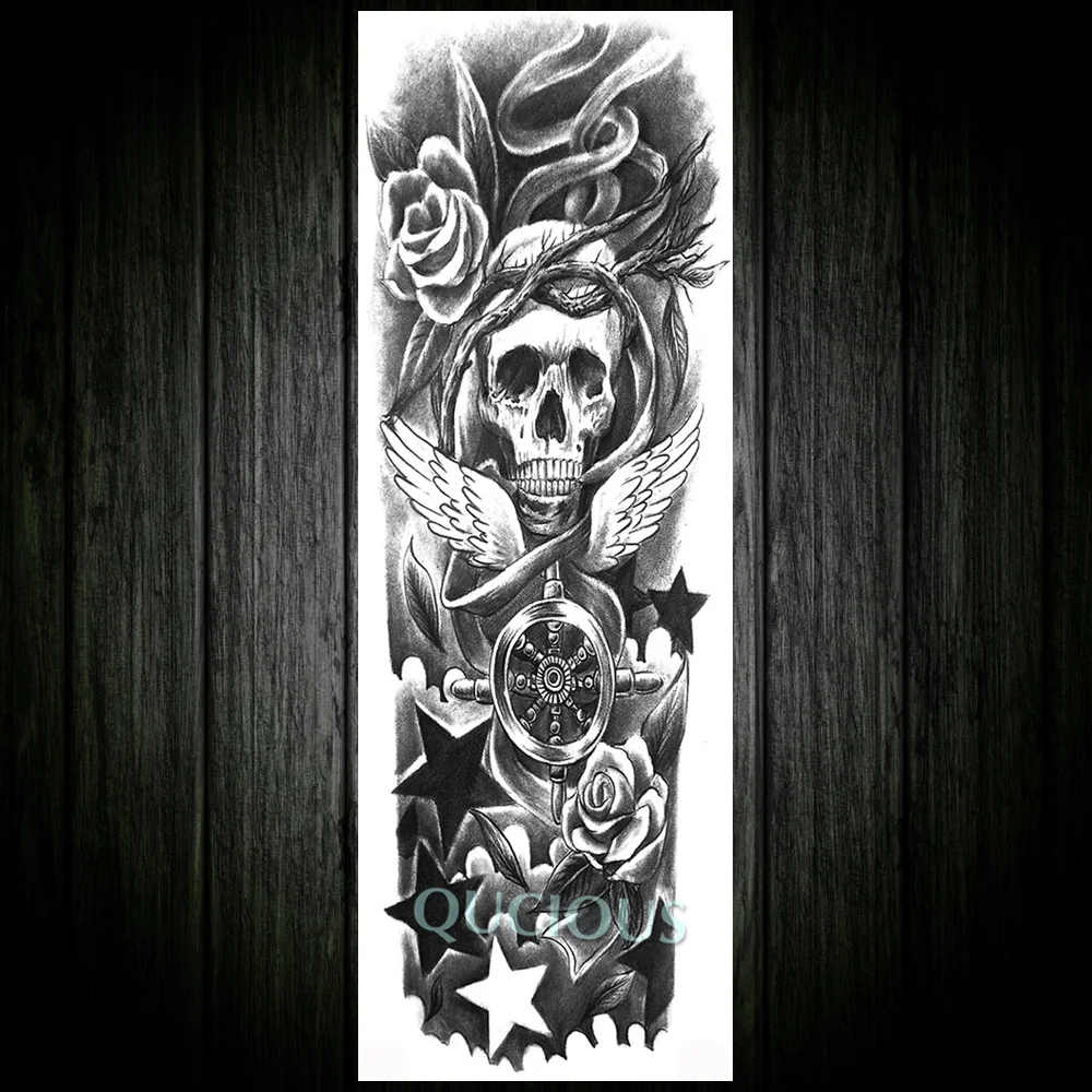 Realistic Long Full Rose Flower Arm Temporary Tattoo For Women Men 3D Owl Evil Eye Fake Tattoo Sticker Waterproof Body Art Tatoo