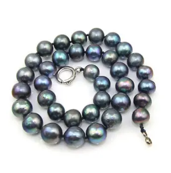 

free shipping Black Round 8~9mm Cultured Pearl Necklace 17" Choker Real Black Pearl Necklace