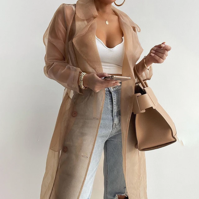 2022 Women Fashion See Through Outdoor Tops Lace Up Spring Solid Sheer Mesh Long Sleeve Buttoned Coat With Belt Elegant Shirts 1
