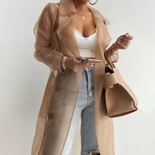 

2022 Women Fashion See Through Outdoor Tops Lace Up Spring Solid Sheer Mesh Long Sleeve Buttoned Coat With Belt Elegant Shirts