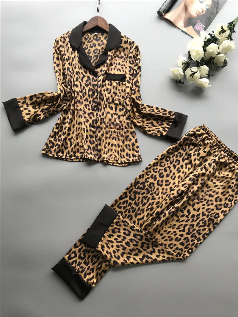 Леопардовая Шелковая пижама для женщин, плюс размер, Pijama Mujer, пижамный комплект, зимняя Домашняя одежда, пижамный комплект, одежда для сна, комплект из 2 предметов, длинные штаны