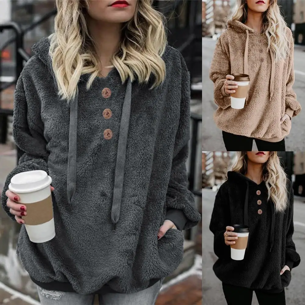 Women Hoodies Sweatshirt  Winter Fleece Hoodie Warm Tops Female Solid Button Clothes Ladies Hoody Hoodies Plus Size