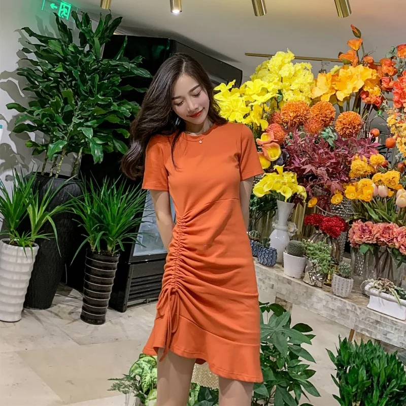 

2019 Summer New Products Online Celebrity Fashion Crew Neck Drawstring Pleated Lace-up Medium-length Flounced Sheath Dress Women