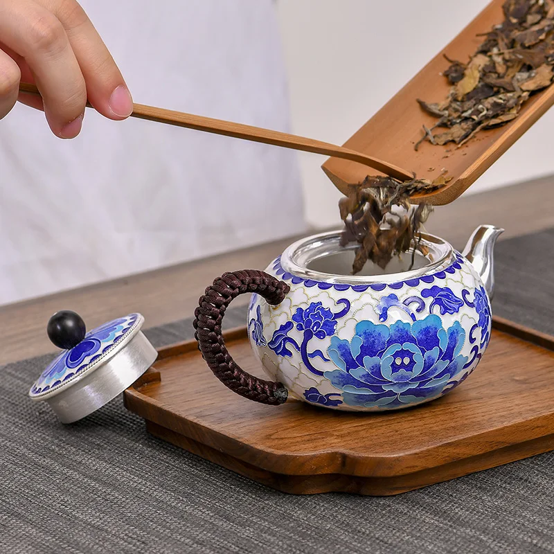 

Silver pot 999 sterling silver handmade cloisonne peony teapot features craft teapot