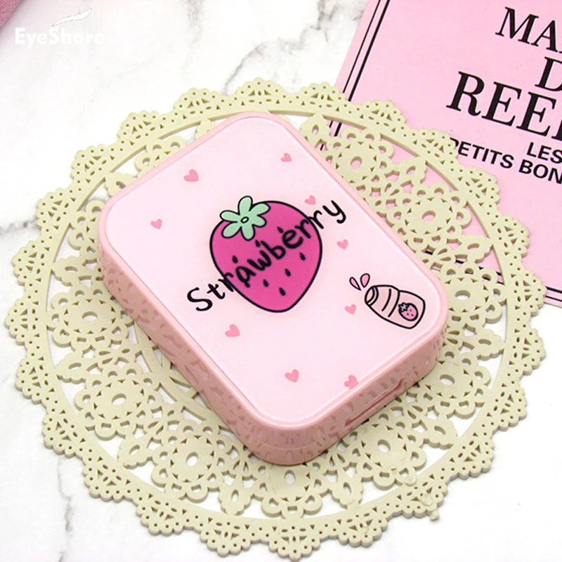 Strawberry Lens Case with Stick Mirror Set Contact Lens Partner Container Storage Holder