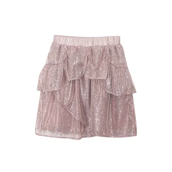 

Women Skirt 2020 Summer Pink Glittery Elastic Waist Skirt Ruffled Layered Princess Skirt